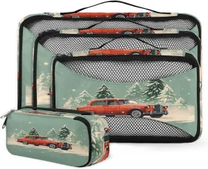 4 Set Packing Cubes for Suitcases, Travel Essentials for Carry on Luggage, Cartoon Truck Suitcase Organizers for Clothes Shoes Toiletries Travel Accessories in 4 Sizes - Christmas Truck