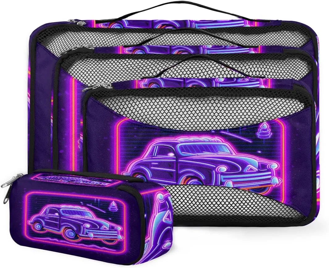 4 Set Packing Cubes for Suitcases, Travel Essentials for Carry on Luggage, Cartoon Truck Suitcase Organizers for Clothes Shoes Toiletries Travel Accessories in 4 Sizes - Glowing Truck
