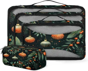 4 Set Packing Cubes for Suitcases, Travel Essentials for Carry on Luggage, Christmas Ball Suitcase Organizers for Clothes Shoes Toiletries Travel Accessories in 4 Sizes - Xmas Leaves