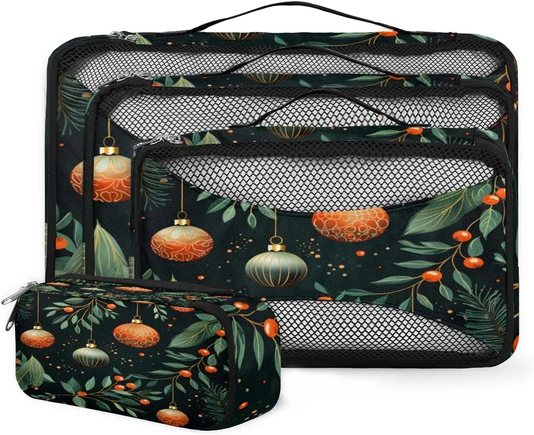 4 Set Packing Cubes for Suitcases, Travel Essentials for Carry on Luggage, Christmas Ball Suitcase Organizers for Clothes Shoes Toiletries Travel Accessories in 4 Sizes - Xmas Leaves