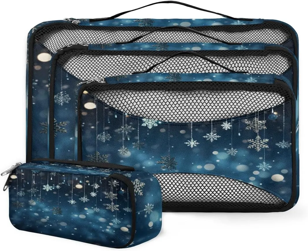 4 Set Packing Cubes for Suitcases, Travel Essentials for Carry on Luggage, Christmas Bell Suitcase Organizers for Clothes Shoes Toiletries Travel Accessories in 4 Sizes - Snowflake