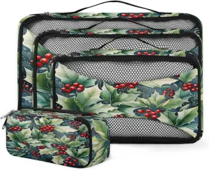4 Set Packing Cubes for Suitcases, Travel Essentials for Carry on Luggage, Christmas Holly Suitcase Organizers for Clothes Shoes Toiletries Travel Accessories in 4 Sizes - Holly Leaves