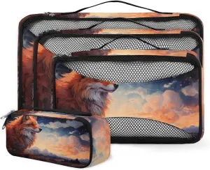 4 Set Packing Cubes for Suitcases, Travel Essentials for Carry on Luggage, Cloud Fox Suitcase Organizers for Clothes Shoes Toiletries Travel Accessories in 4 Sizes - Abstract Fox