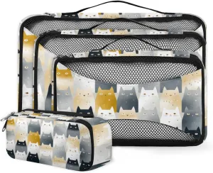4 Set Packing Cubes for Suitcases, Travel Essentials for Carry on Luggage, Colorful Cat Suitcase Organizers for Clothes Shoes Toiletries Travel Accessories in 4 Sizes - Cartoon Cat