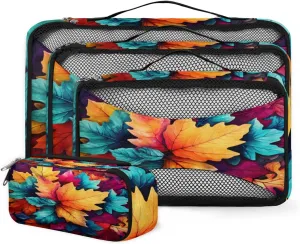 4 Set Packing Cubes for Suitcases, Travel Essentials for Carry on Luggage, Colorful Leaves Suitcase Organizers for Clothes Shoes Toiletries Travel Accessories in 4 Sizes - Watercolor Maple Leaves