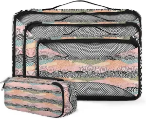 4 Set Packing Cubes for Suitcases, Travel Essentials for Carry on Luggage, Colorful Pattern Suitcase Organizers for Clothes Shoes Toiletries Travel Accessories in 4 Sizes - Geometry Curve