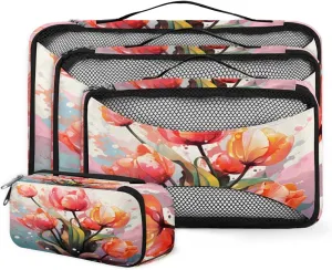 4 Set Packing Cubes for Suitcases, Travel Essentials for Carry on Luggage, Colorful Tulips Suitcase Organizers for Clothes Shoes Toiletries Travel Accessories in 4 Sizes - Artistic Tulips