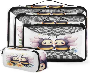 4 Set Packing Cubes for Suitcases, Travel Essentials for Carry on Luggage, Cute Bee Suitcase Organizers for Clothes Shoes Toiletries Travel Accessories in 4 Sizes - Flowers Bee