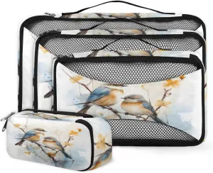 4 Set Packing Cubes for Suitcases, Travel Essentials for Carry on Luggage, Cute Bird Suitcase Organizers for Clothes Shoes Toiletries Travel Accessories in 4 Sizes - Cartoon Bird