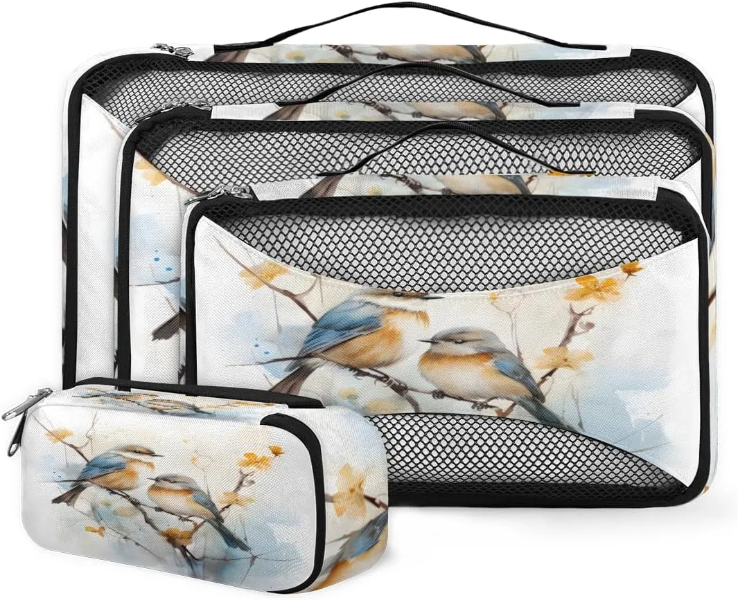 4 Set Packing Cubes for Suitcases, Travel Essentials for Carry on Luggage, Cute Bird Suitcase Organizers for Clothes Shoes Toiletries Travel Accessories in 4 Sizes - Cartoon Bird