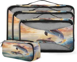 4 Set Packing Cubes for Suitcases, Travel Essentials for Carry on Luggage, Cute Dolphin Suitcase Organizers for Clothes Shoes Toiletries Travel Accessories in 4 Sizes - Sunset Dolphin