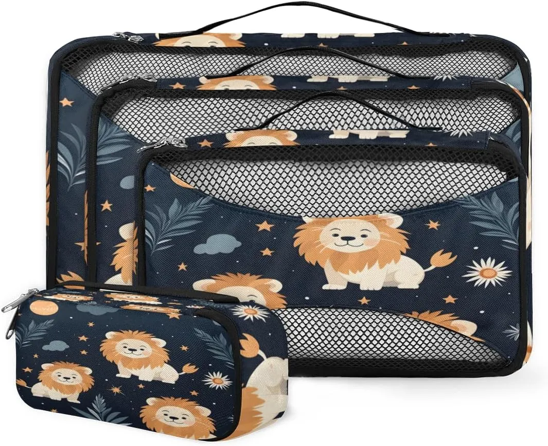 4 Set Packing Cubes for Suitcases, Travel Essentials for Carry on Luggage, Cute Lion Suitcase Organizers for Clothes Shoes Toiletries Travel Accessories in 4 Sizes - Cartoon Lion