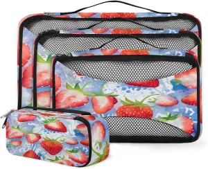 4 Set Packing Cubes for Suitcases, Travel Essentials for Carry on Luggage, Cute Strawberry Suitcase Organizers for Clothes Shoes Toiletries Travel Accessories in 4 Sizes - Artistic Strawberry