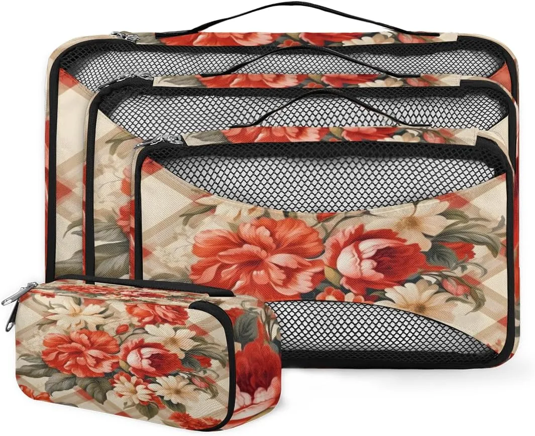 4 Set Packing Cubes for Suitcases, Travel Essentials for Carry on Luggage, Dreamy Flower Suitcase Organizers for Clothes Shoes Toiletries Travel Accessories in 4 Sizes - Artistic Flower