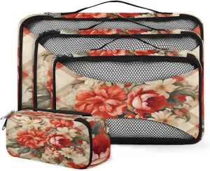 4 Set Packing Cubes for Suitcases, Travel Essentials for Carry on Luggage, Dreamy Flower Suitcase Organizers for Clothes Shoes Toiletries Travel Accessories in 4 Sizes - Artistic Flower