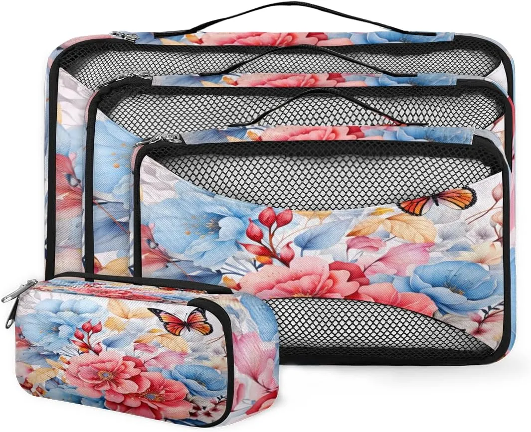 4 Set Packing Cubes for Suitcases, Travel Essentials for Carry on Luggage, Dreamy Flower Suitcase Organizers for Clothes Shoes Toiletries Travel Accessories in 4 Sizes - Mystical Flower