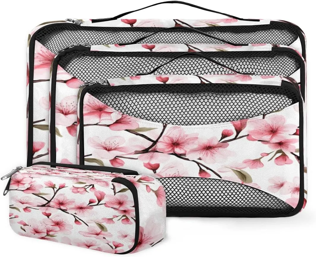 4 Set Packing Cubes for Suitcases, Travel Essentials for Carry on Luggage, Dreamy Flowers Suitcase Organizers for Clothes Shoes Toiletries Travel Accessories in 4 Sizes - Ethnic Flowers
