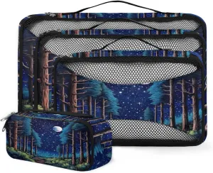 4 Set Packing Cubes for Suitcases, Travel Essentials for Carry on Luggage, Dreamy Forest Suitcase Organizers for Clothes Shoes Toiletries Travel Accessories in 4 Sizes - Abstract Forest