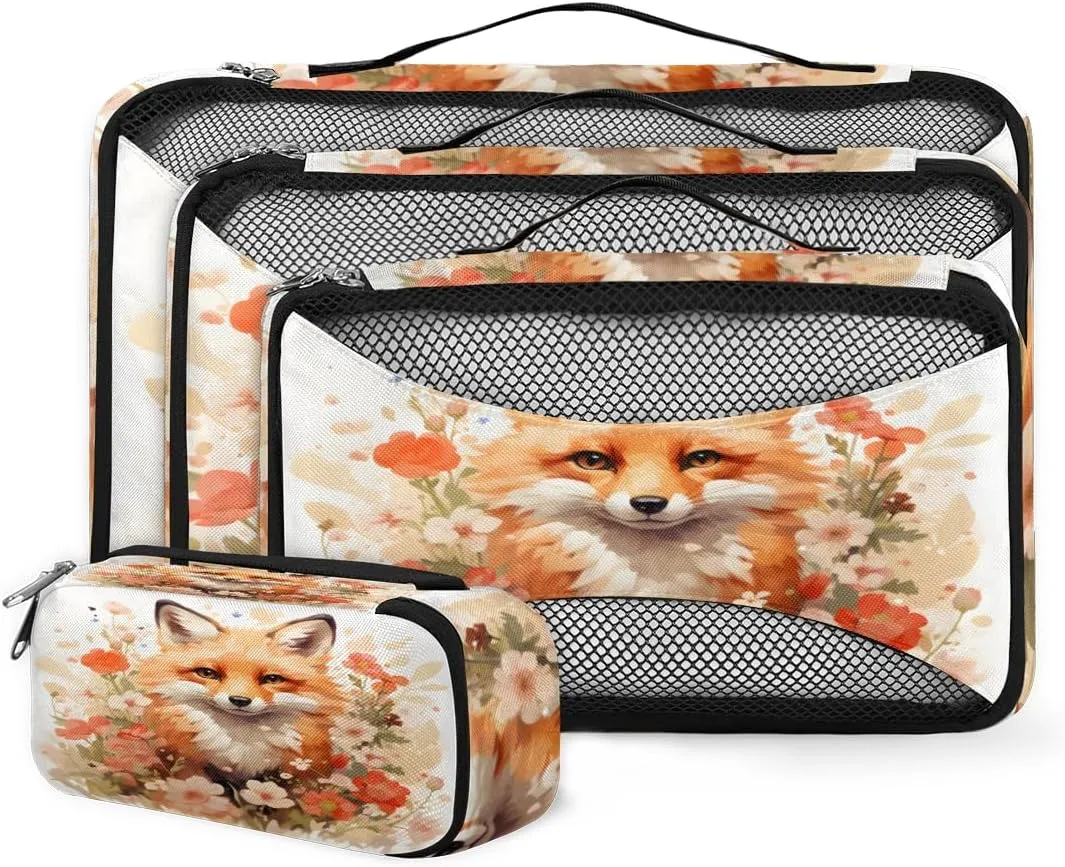 4 Set Packing Cubes for Suitcases, Travel Essentials for Carry on Luggage, Dreamy Fox Suitcase Organizers for Clothes Shoes Toiletries Travel Accessories in 4 Sizes - Flower Fox