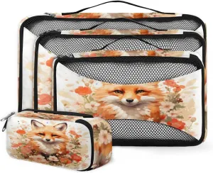 4 Set Packing Cubes for Suitcases, Travel Essentials for Carry on Luggage, Dreamy Fox Suitcase Organizers for Clothes Shoes Toiletries Travel Accessories in 4 Sizes - Flower Fox