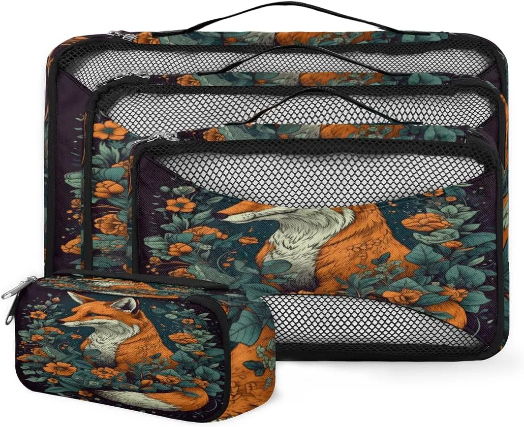 4 Set Packing Cubes for Suitcases, Travel Essentials for Carry on Luggage, Dreamy Fox Suitcase Organizers for Clothes Shoes Toiletries Travel Accessories in 4 Sizes - Lovely Fox