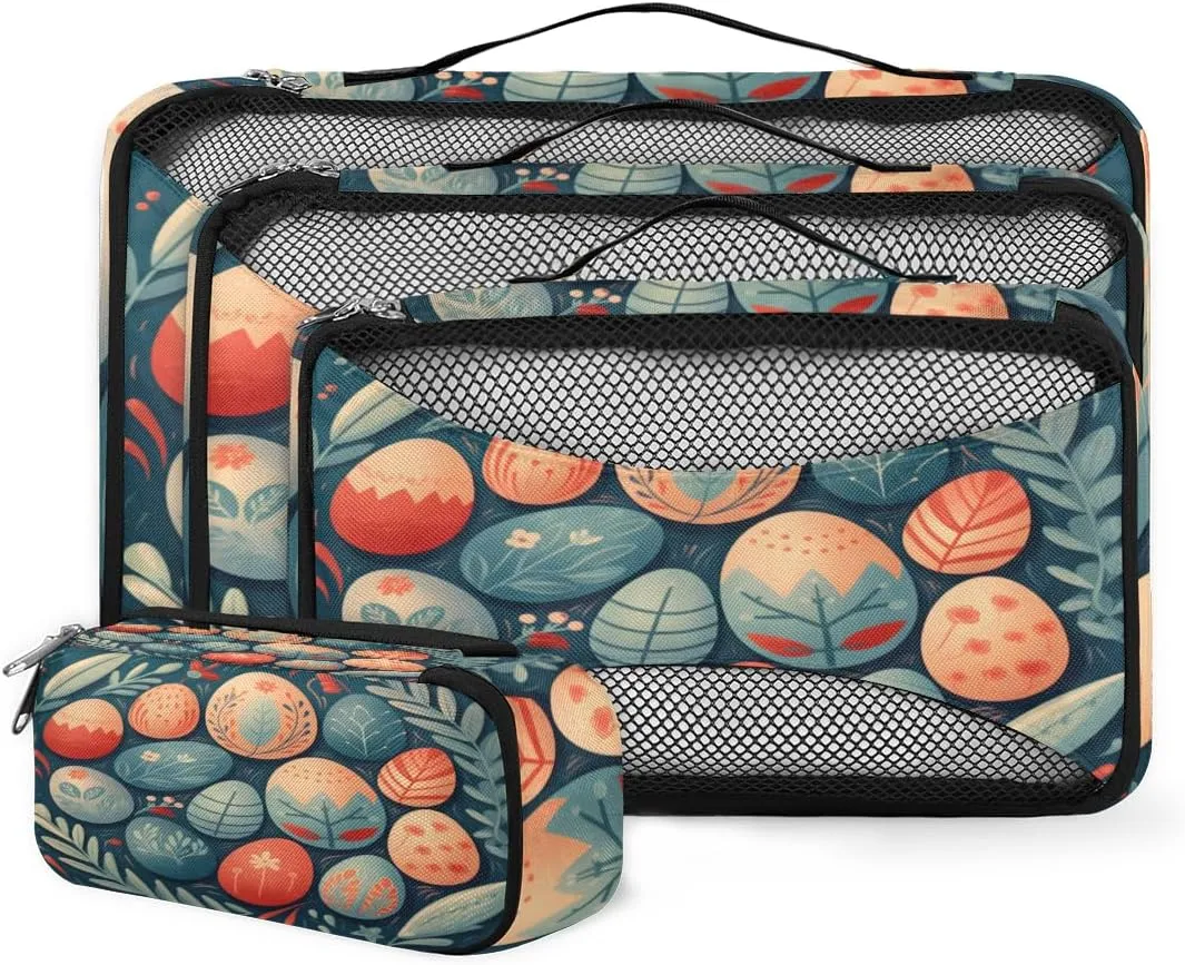 4 Set Packing Cubes for Suitcases, Travel Essentials for Carry on Luggage, Easter Egg Suitcase Organizers for Clothes Shoes Toiletries Travel Accessories in 4 Sizes - Boho Floral