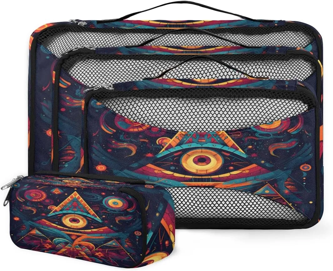 4 Set Packing Cubes for Suitcases, Travel Essentials for Carry on Luggage, Ethnic Aztec Suitcase Organizers for Clothes Shoes Toiletries Travel Accessories in 4 Sizes - Sacred Eye