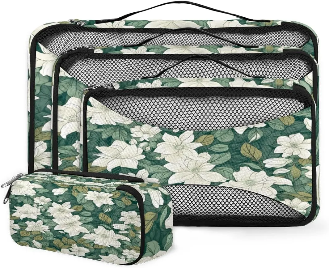 4 Set Packing Cubes for Suitcases, Travel Essentials for Carry on Luggage, Ethnic Flowers Suitcase Organizers for Clothes Shoes Toiletries Travel Accessories in 4 Sizes - Artistic Flowers