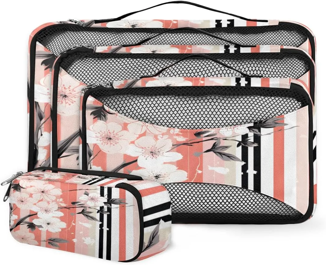 4 Set Packing Cubes for Suitcases, Travel Essentials for Carry on Luggage, Ethnic Flowers Suitcase Organizers for Clothes Shoes Toiletries Travel Accessories in 4 Sizes - Lively Flowers