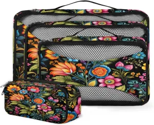 4 Set Packing Cubes for Suitcases, Travel Essentials for Carry on Luggage, Ethnic Flowers Suitcase Organizers for Clothes Shoes Toiletries Travel Accessories in 4 Sizes - Varicolored Flowers