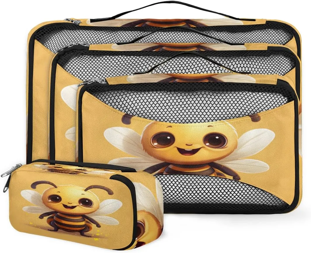 4 Set Packing Cubes for Suitcases, Travel Essentials for Carry on Luggage, Fantastic Bee Suitcase Organizers for Clothes Shoes Toiletries Travel Accessories in 4 Sizes - Cute Bee