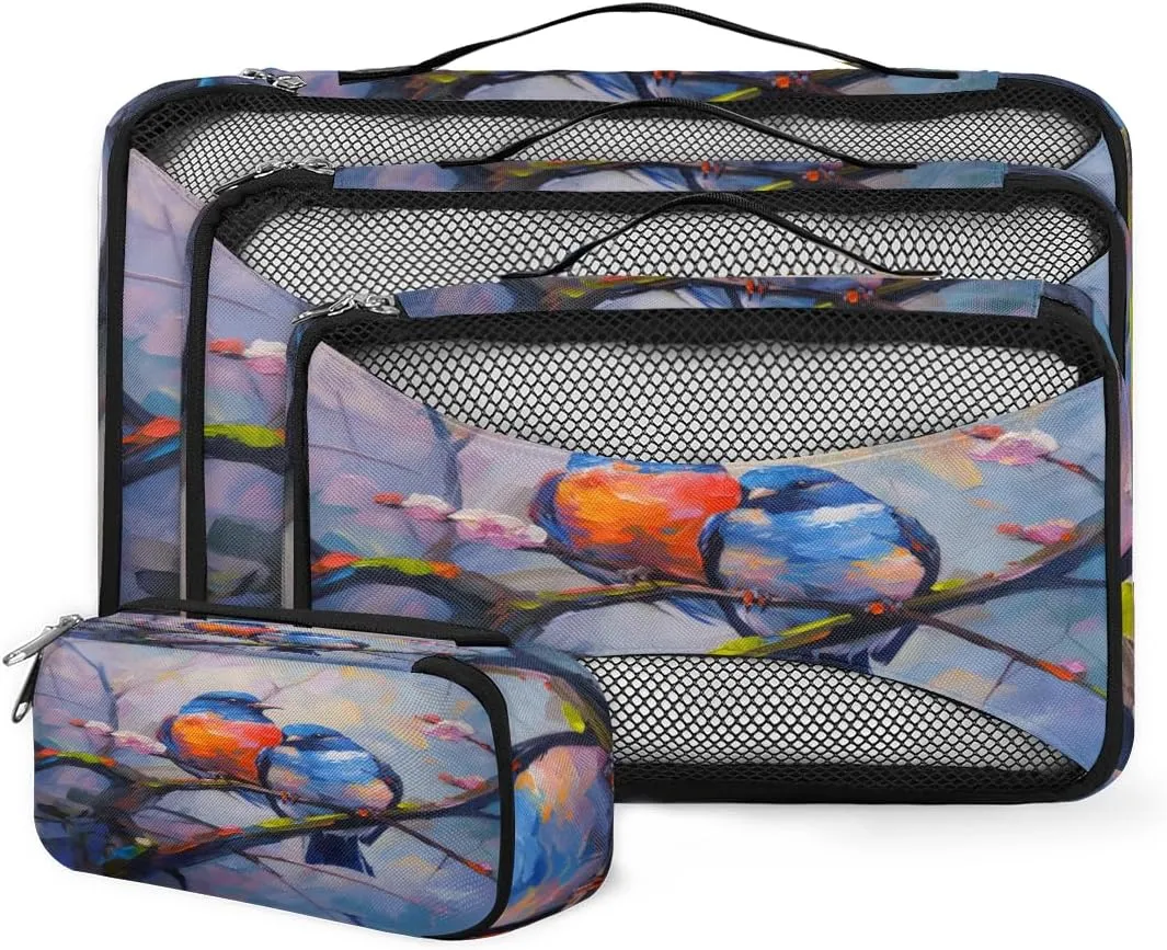 4 Set Packing Cubes for Suitcases, Travel Essentials for Carry on Luggage, Fantastic Bird Suitcase Organizers for Clothes Shoes Toiletries Travel Accessories in 4 Sizes - Romantic Bird