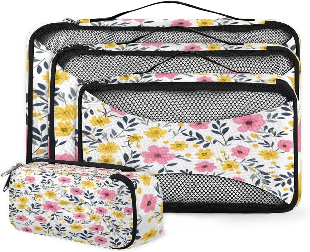 4 Set Packing Cubes for Suitcases, Travel Essentials for Carry on Luggage, Fantastic Flowers Suitcase Organizers for Clothes Shoes Toiletries Travel Accessories in 4 Sizes - Romantic Flowers