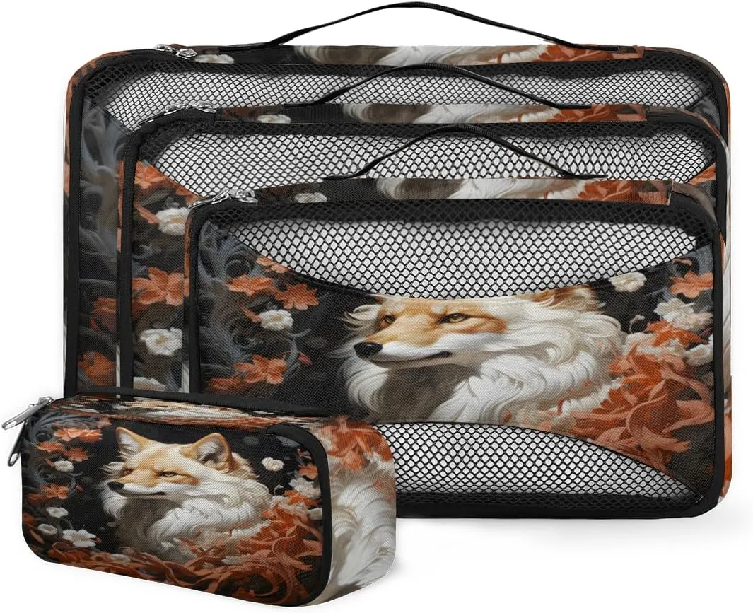 4 Set Packing Cubes for Suitcases, Travel Essentials for Carry on Luggage, Fantastic Fox Suitcase Organizers for Clothes Shoes Toiletries Travel Accessories in 4 Sizes - Flower Fox