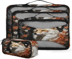 4 Set Packing Cubes for Suitcases, Travel Essentials for Carry on Luggage, Fantastic Fox Suitcase Organizers for Clothes Shoes Toiletries Travel Accessories in 4 Sizes - Flower Fox