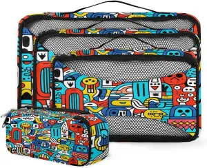 4 Set Packing Cubes for Suitcases, Travel Essentials for Carry on Luggage, Fantastic Geometry Suitcase Organizers for Clothes Shoes Toiletries Travel Accessories in 4 Sizes - Graffiti