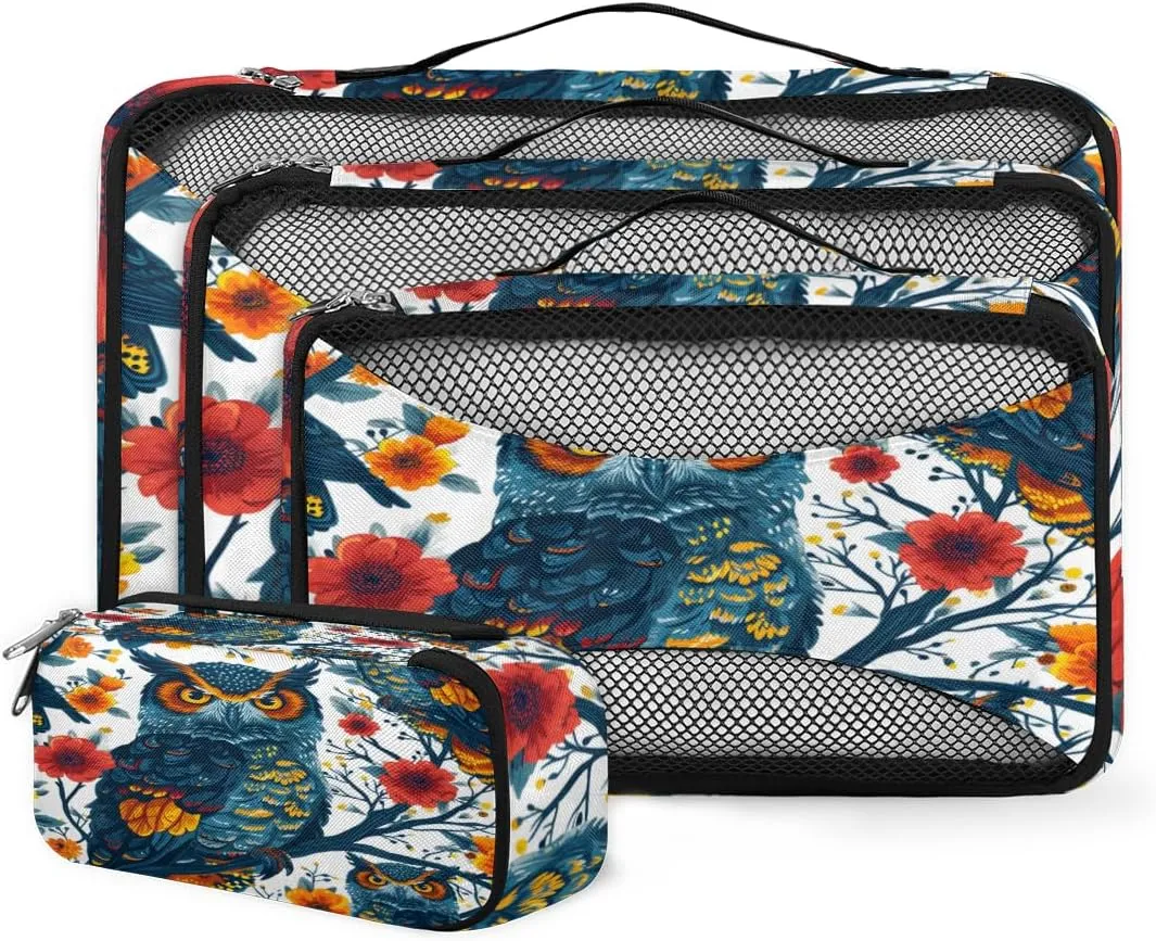 4 Set Packing Cubes for Suitcases, Travel Essentials for Carry on Luggage, Fantastic Owl Suitcase Organizers for Clothes Shoes Toiletries Travel Accessories in 4 Sizes - Graffiti Owl