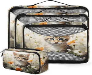 4 Set Packing Cubes for Suitcases, Travel Essentials for Carry on Luggage, Floral Cat Suitcase Organizers for Clothes Shoes Toiletries Travel Accessories in 4 Sizes - Fantastic Cat