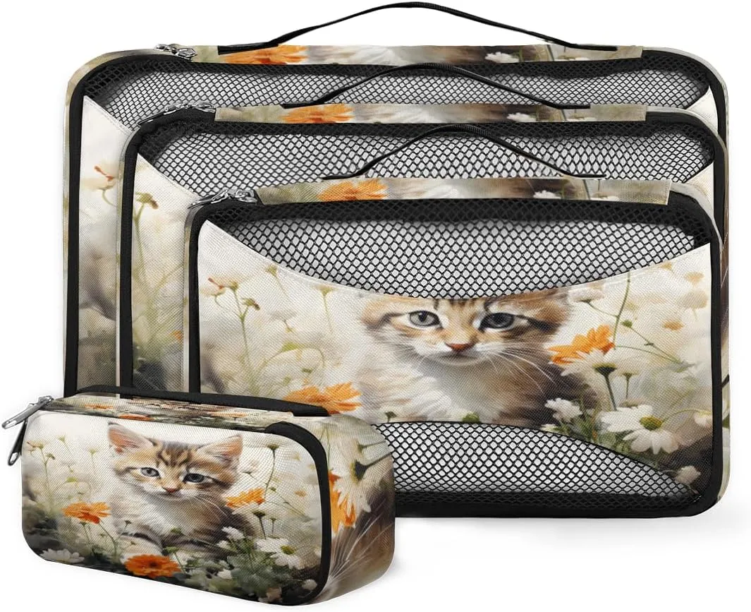 4 Set Packing Cubes for Suitcases, Travel Essentials for Carry on Luggage, Floral Cat Suitcase Organizers for Clothes Shoes Toiletries Travel Accessories in 4 Sizes - Fantastic Cat