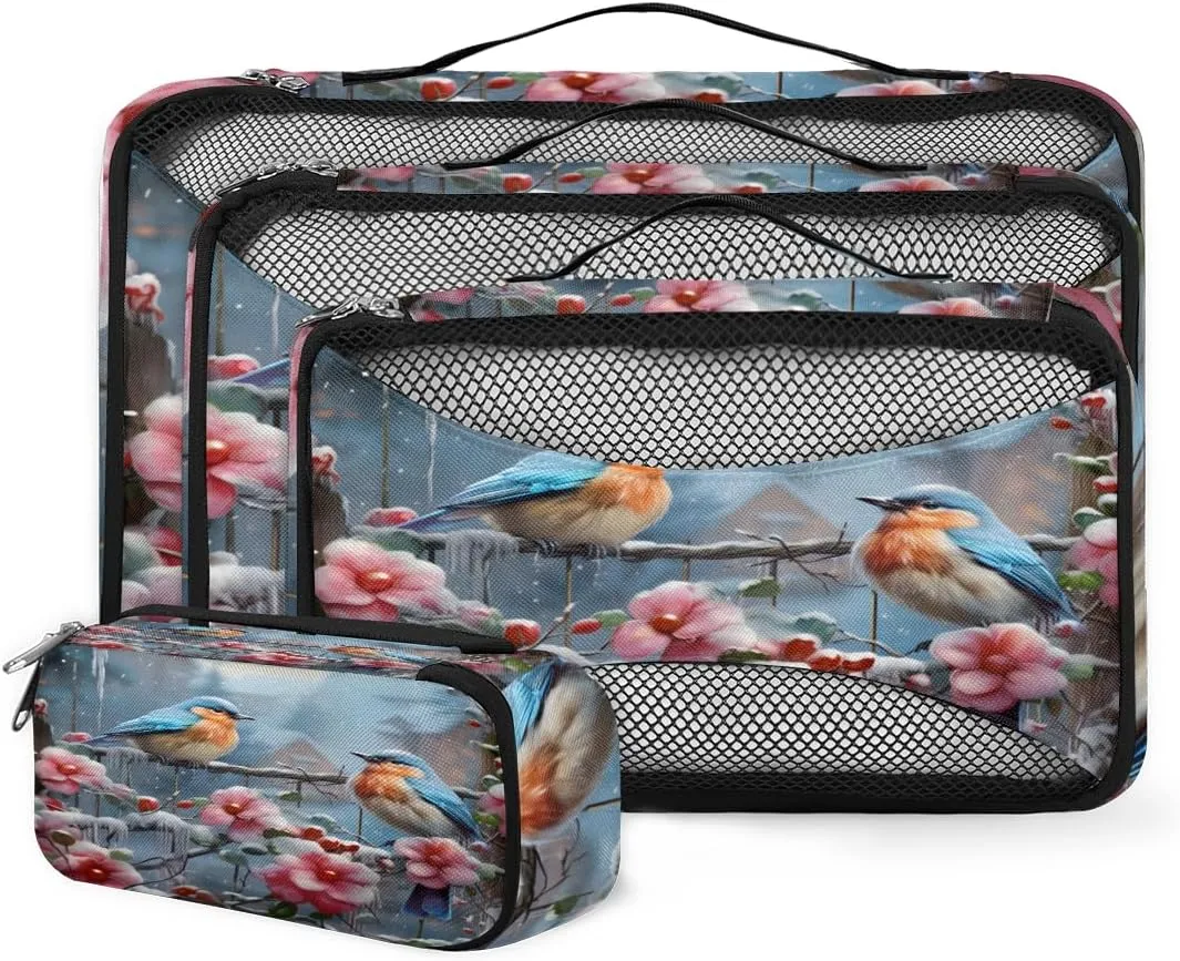 4 Set Packing Cubes for Suitcases, Travel Essentials for Carry on Luggage, Flower Bird Suitcase Organizers for Clothes Shoes Toiletries Travel Accessories in 4 Sizes - Holly Fruit