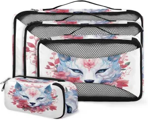 4 Set Packing Cubes for Suitcases, Travel Essentials for Carry on Luggage, Flower Fox Suitcase Organizers for Clothes Shoes Toiletries Travel Accessories in 4 Sizes - Lovely Fox