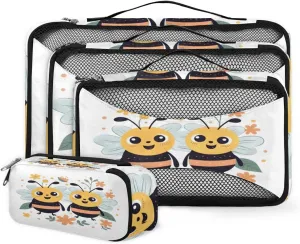 4 Set Packing Cubes for Suitcases, Travel Essentials for Carry on Luggage, Flowers Bee Suitcase Organizers for Clothes Shoes Toiletries Travel Accessories in 4 Sizes - Cartoon Bee