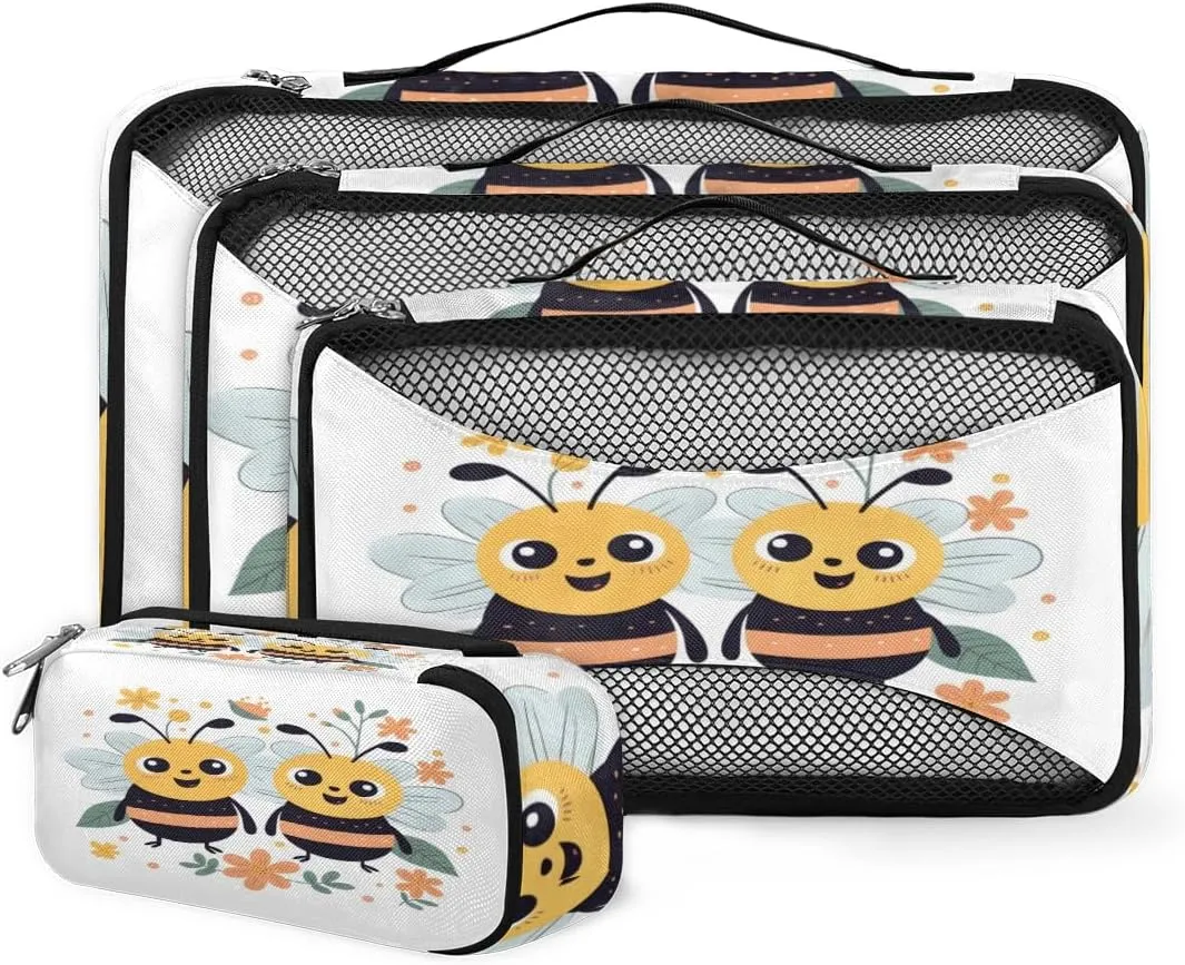 4 Set Packing Cubes for Suitcases, Travel Essentials for Carry on Luggage, Flowers Bee Suitcase Organizers for Clothes Shoes Toiletries Travel Accessories in 4 Sizes - Cartoon Bee