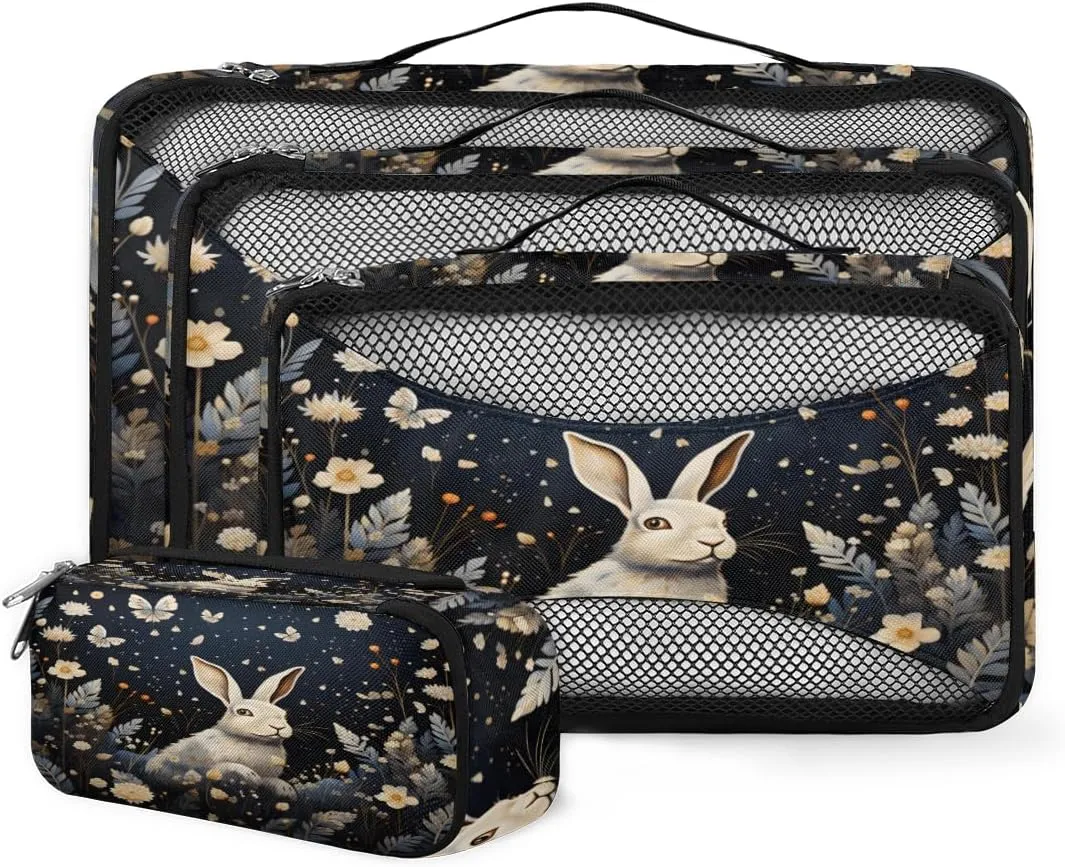 4 Set Packing Cubes for Suitcases, Travel Essentials for Carry on Luggage, Flowers Bunny Suitcase Organizers for Clothes Shoes Toiletries Travel Accessories in 4 Sizes - Graffiti Rabbit