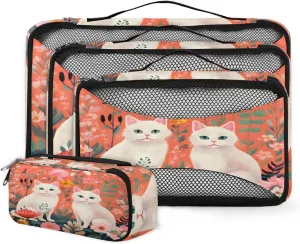 4 Set Packing Cubes for Suitcases, Travel Essentials for Carry on Luggage, Flowers Cat Suitcase Organizers for Clothes Shoes Toiletries Travel Accessories in 4 Sizes - Watercolor Cat