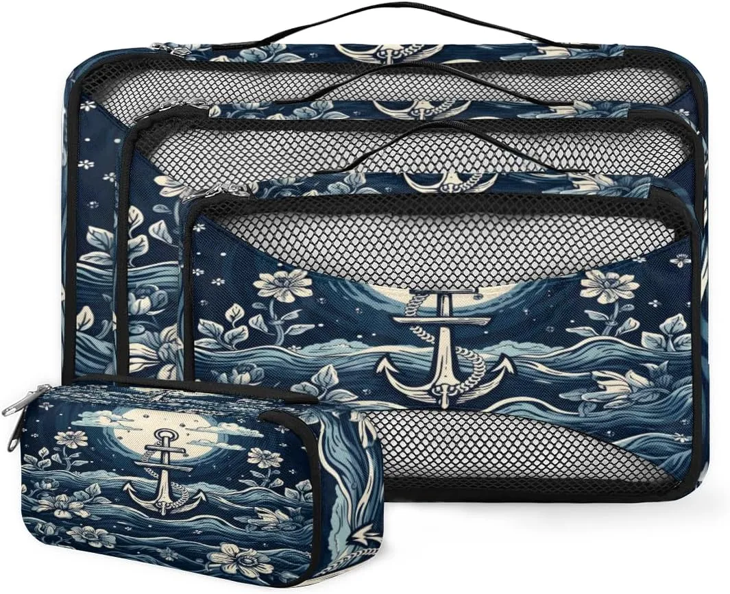 4 Set Packing Cubes for Suitcases, Travel Essentials for Carry on Luggage, Flowers Suitcase Organizers for Clothes Shoes Toiletries Travel Accessories in 4 Sizes - Ocean Sea