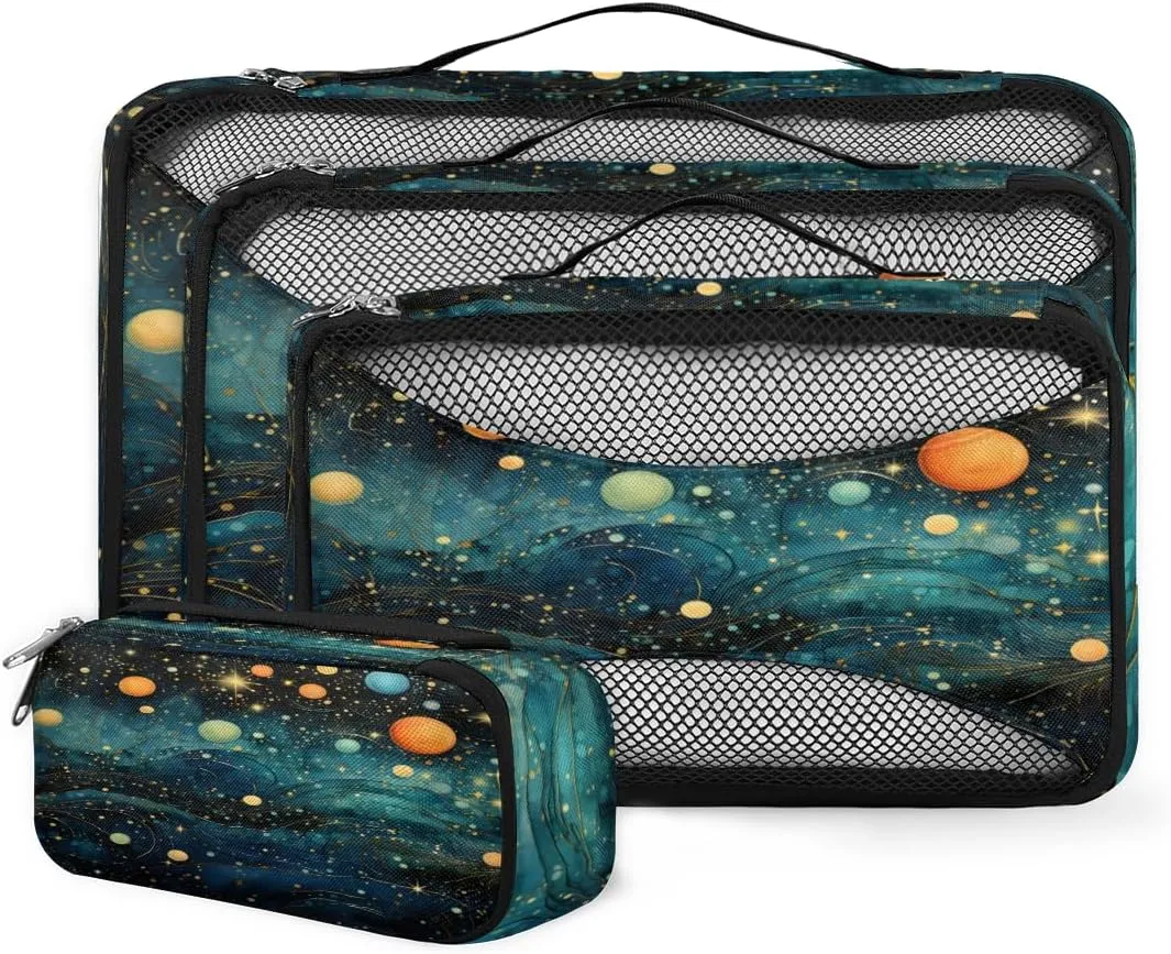 4 Set Packing Cubes for Suitcases, Travel Essentials for Carry on Luggage, Glitter Galaxy Suitcase Organizers for Clothes Shoes Toiletries Travel Accessories in 4 Sizes - Universe Galaxy