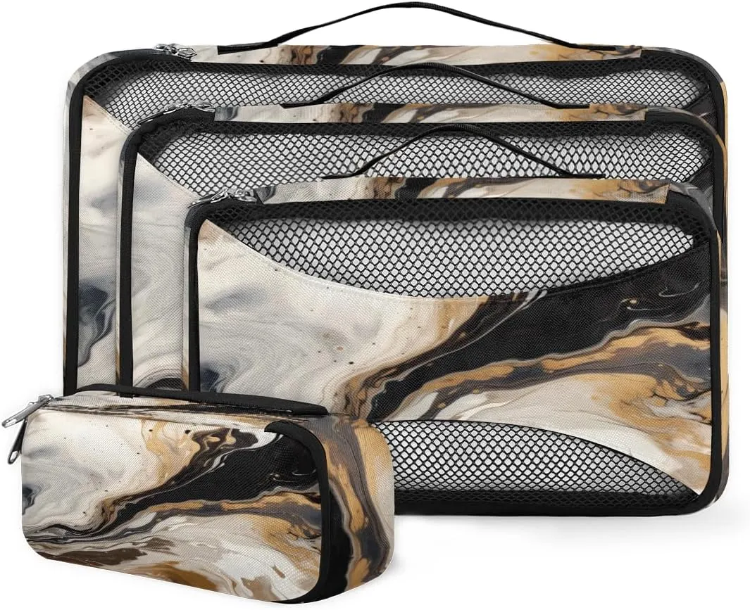 4 Set Packing Cubes for Suitcases, Travel Essentials for Carry on Luggage, Glitter Marble Suitcase Organizers for Clothes Shoes Toiletries Travel Accessories in 4 Sizes - Abstract Marble