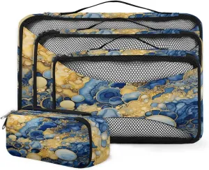 4 Set Packing Cubes for Suitcases, Travel Essentials for Carry on Luggage, Glitter Marble Suitcase Organizers for Clothes Shoes Toiletries Travel Accessories in 4 Sizes - Blue Gold Marble