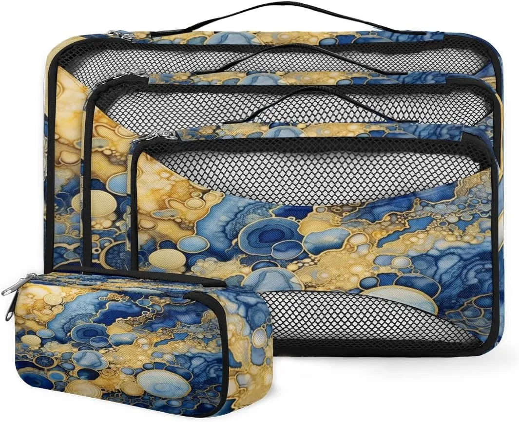 4 Set Packing Cubes for Suitcases, Travel Essentials for Carry on Luggage, Glitter Marble Suitcase Organizers for Clothes Shoes Toiletries Travel Accessories in 4 Sizes - Blue Gold Marble